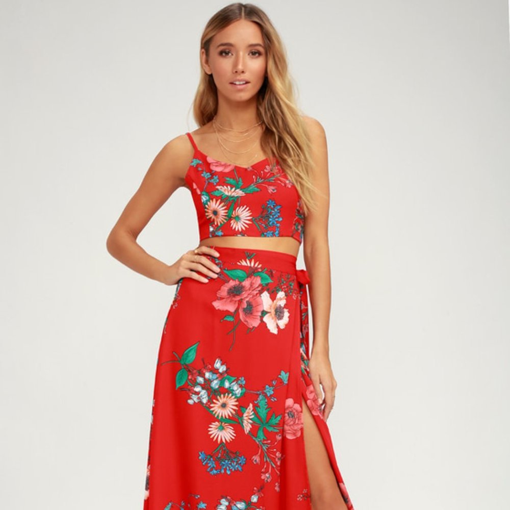 Lulus Bloom With a View Red Two-Piece Maxi Dress Large - high slit
